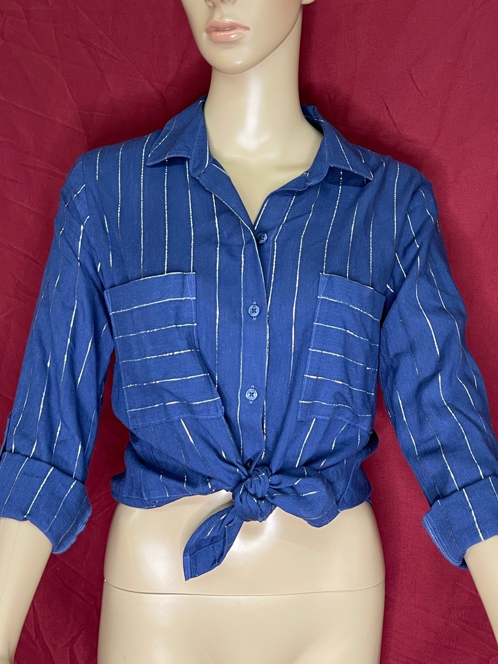 Cloth & Stone Sarea Blue Silver Pinstripe Linen Blend Roll Tab Size XS NWOT